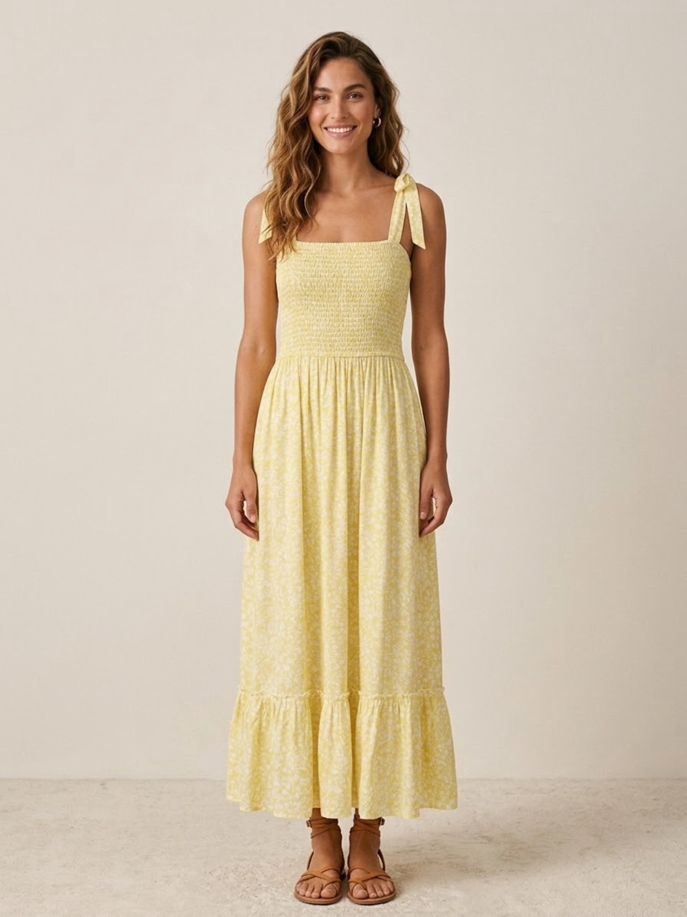 Japna Yellow Smocked Tie-Shoulder Maxi Dress